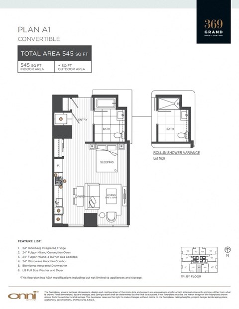 Floor plan for studio, 1 bath, 545 sqft